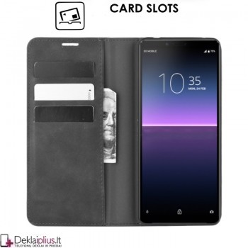 Dirbtinės odos atverčiamas dėklas su skyreliais - juodas (Sony Xperia 10 II)